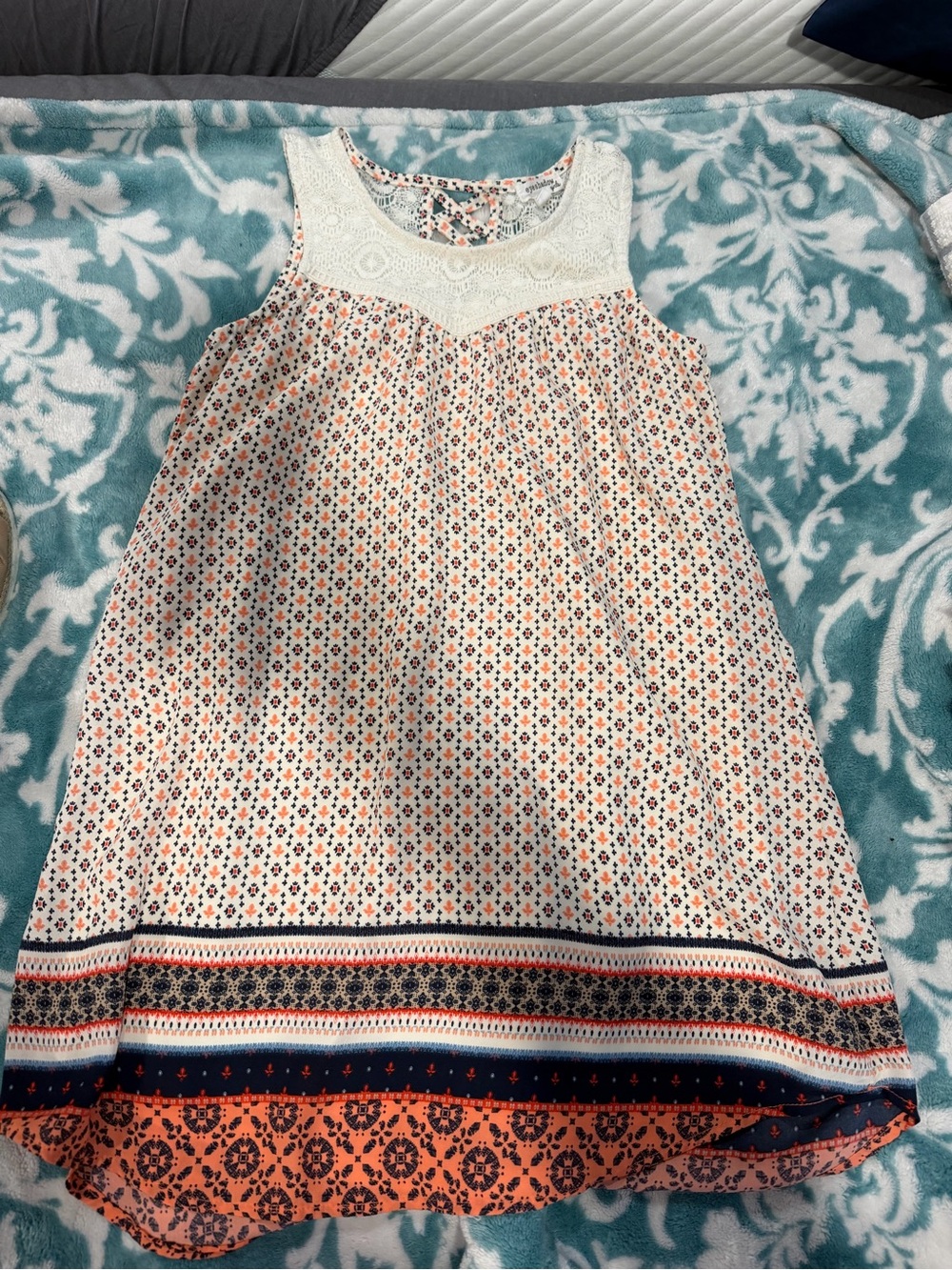 Eyeshadow Peach and Navy Sleeveless Tank Dress with Crochet Yoke